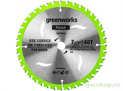 Пильный диск по дереву для циркулярной пилы GREENWORKS 184x1.75/1.13x20 мм 40T Greenworks 2943307 - фото 685448